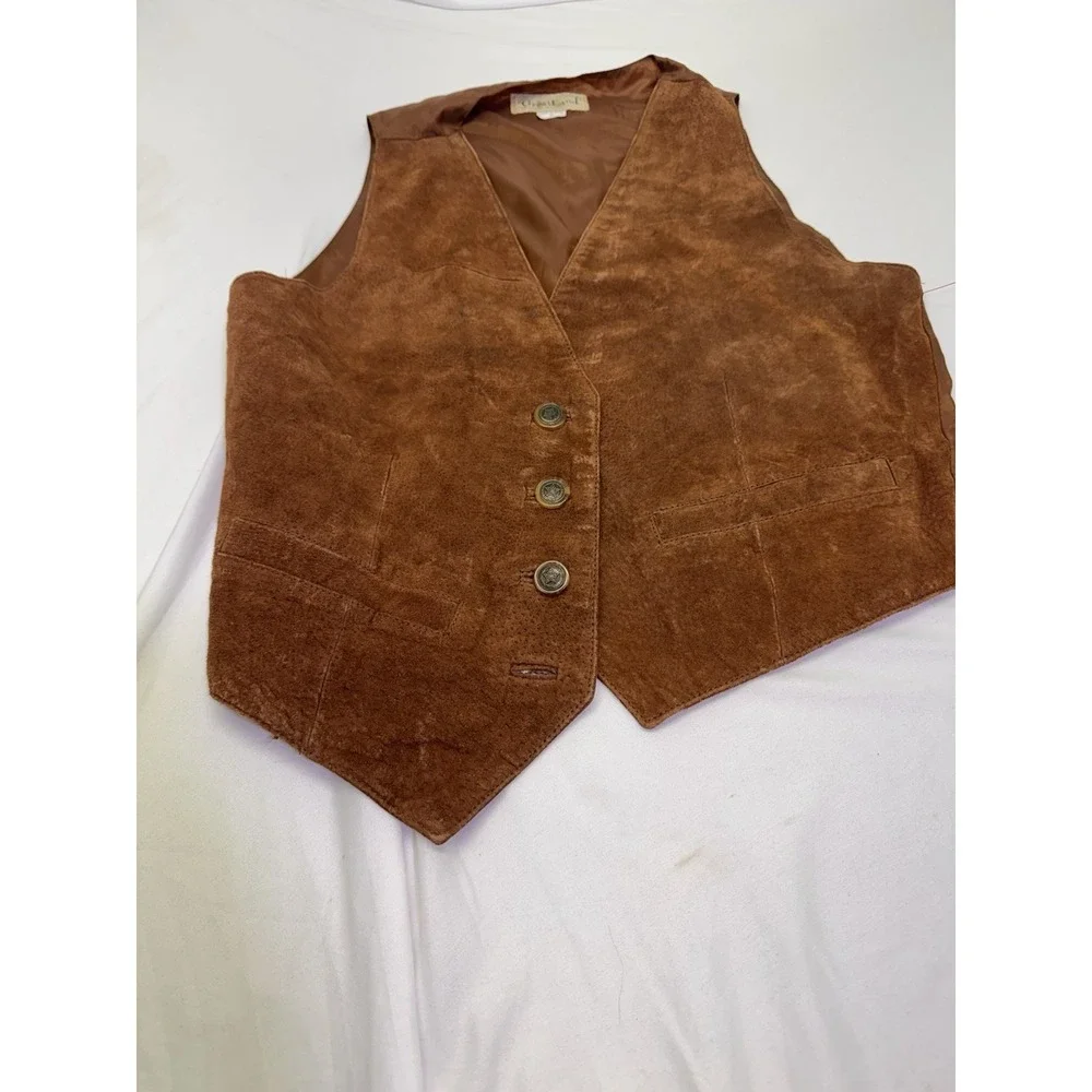 Vintage Greatland Vest Medium Brown Suede Leather Four Button Western Cowboy - Picture 2 of 8